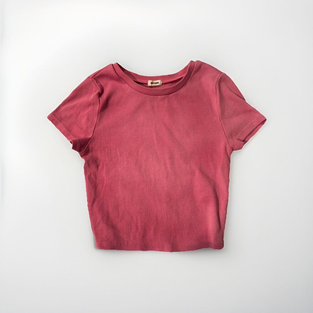 Garage Women's Pink Solid Ribbed Knit V-Neck Cropped Stretch T-Shirt size S